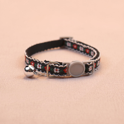 Black floral cat collar with bell and round buckle