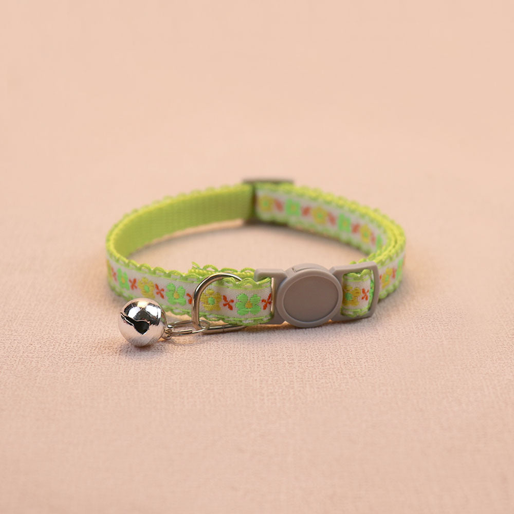 Bright green floral cat collar with bell and round buckle