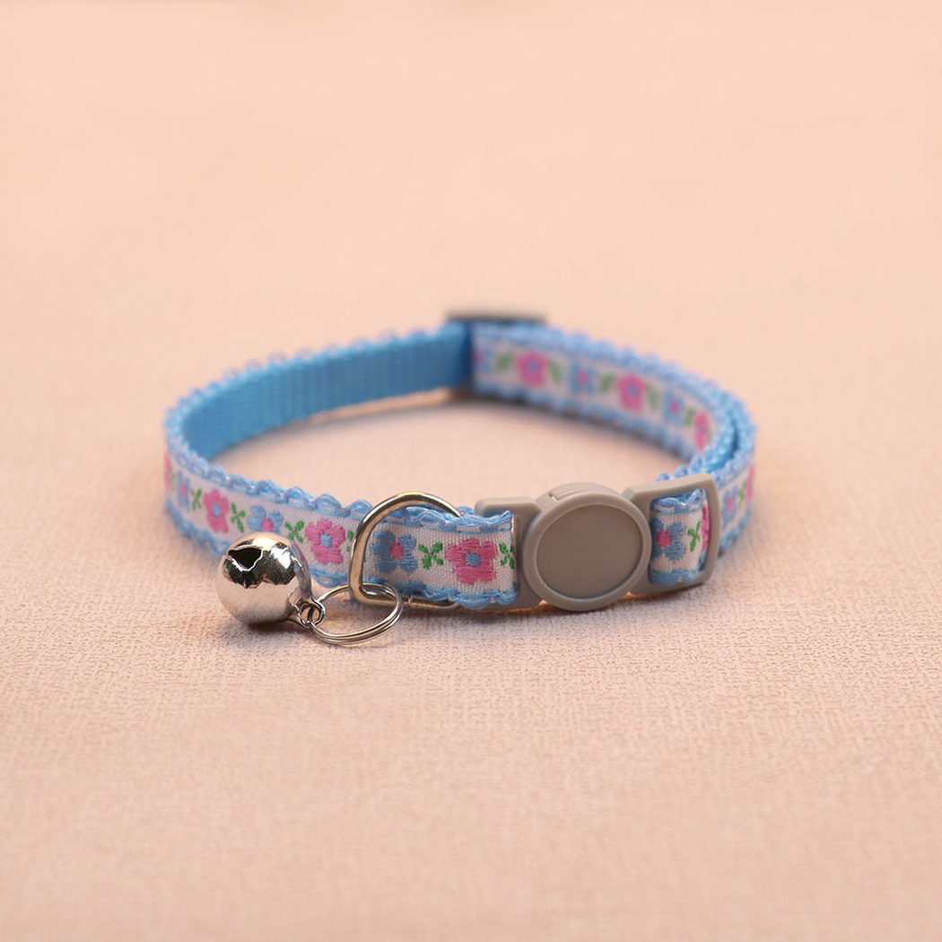 Sky blue floral cat collar with bell and round buckle