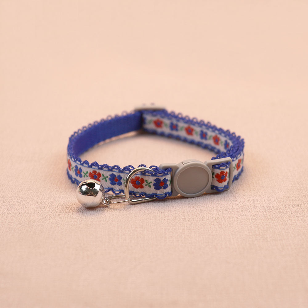 Royal blue floral cat collar with bell and round buckle