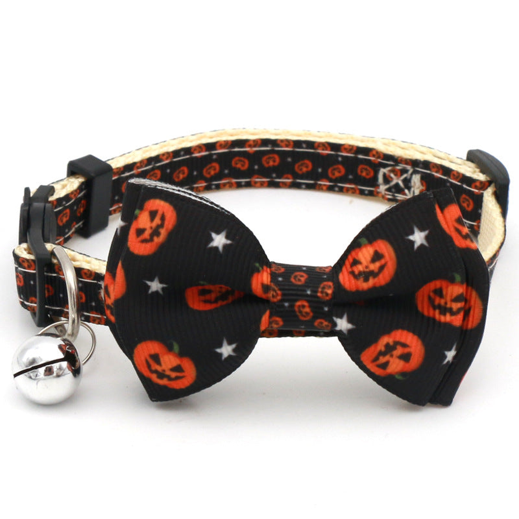 Black cat collar with small pumpkin and star-print bow and bell