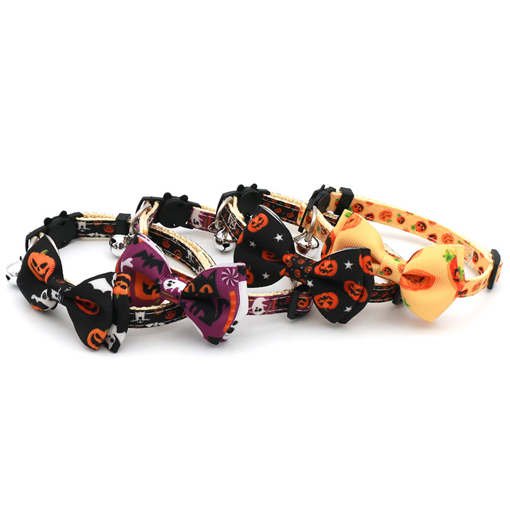 Four pumpkin-print bow cat collar designs arranged together