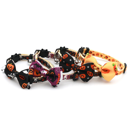 Four pumpkin-print bow cat collar designs arranged together