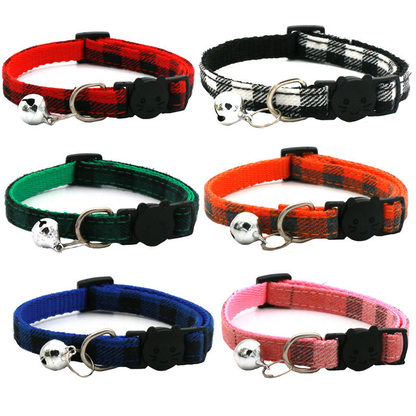 Six plaid cat collars in assorted colors with bells and cat-face buckles