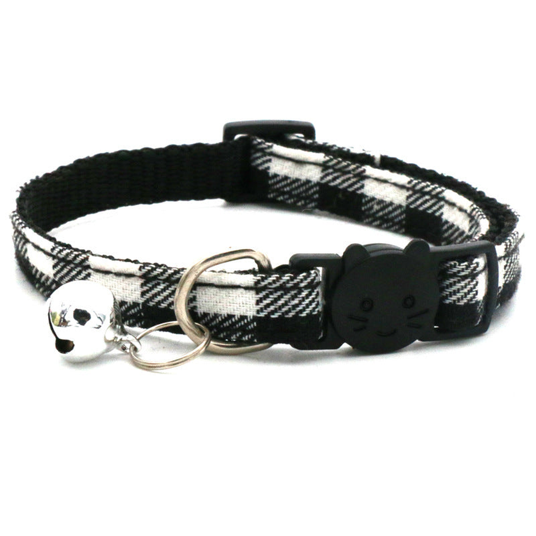 Black and white plaid cat collar with bell and cat-face buckle