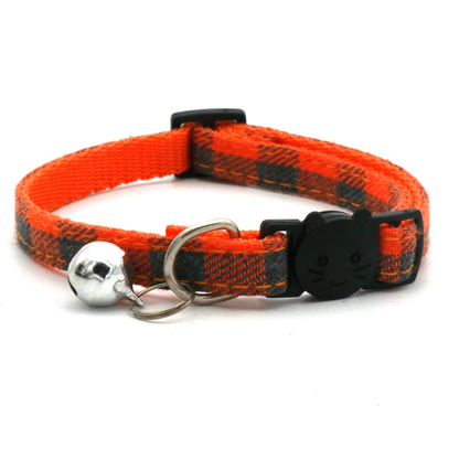 Orange plaid cat collar with bell and cat-face buckle