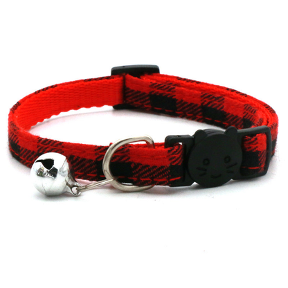 Red plaid cat collar with bell and cat-face buckle
