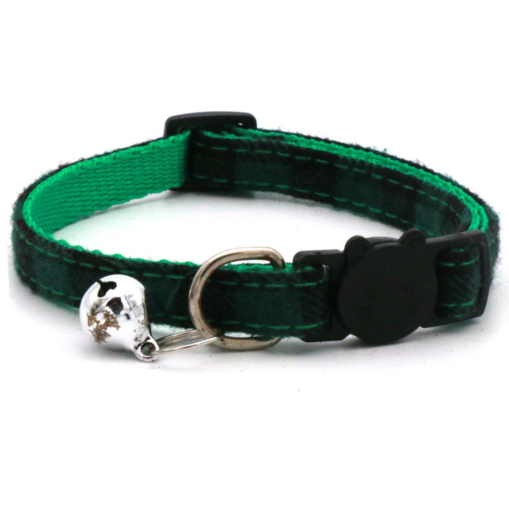 Dark green plaid cat collar with bell and cat-face buckle