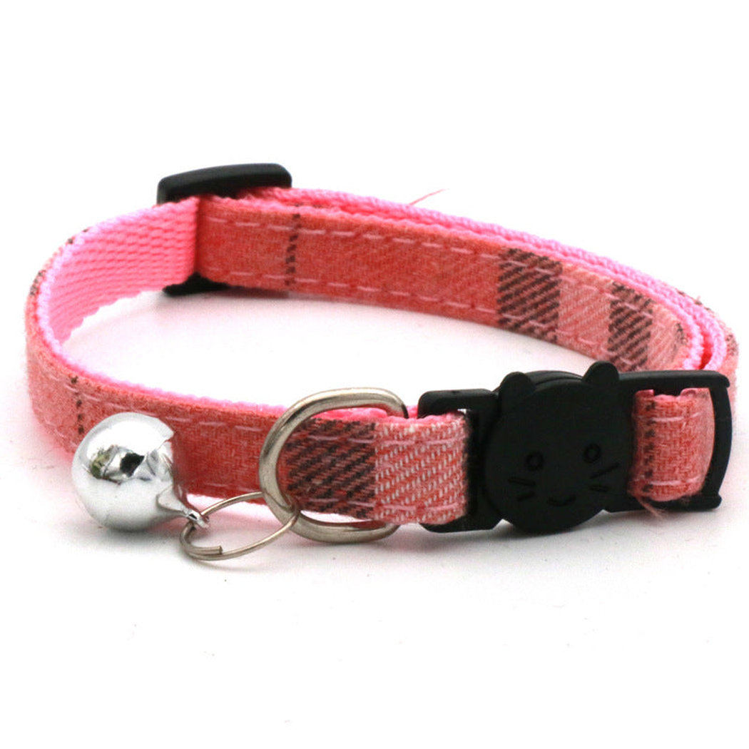 Pink plaid cat collar with bell and cat-face buckle