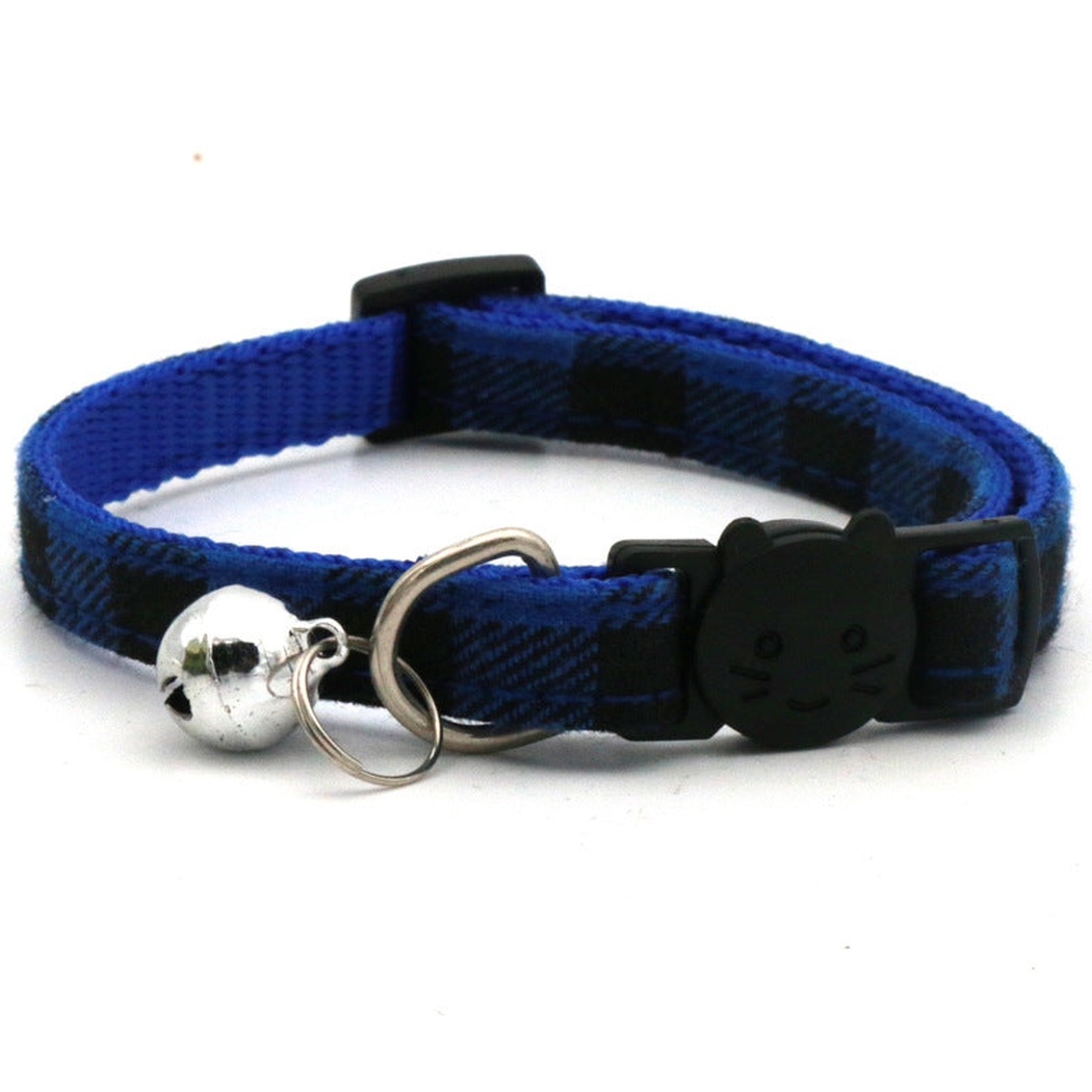 Blue plaid cat collar with bell and cat-face buckle