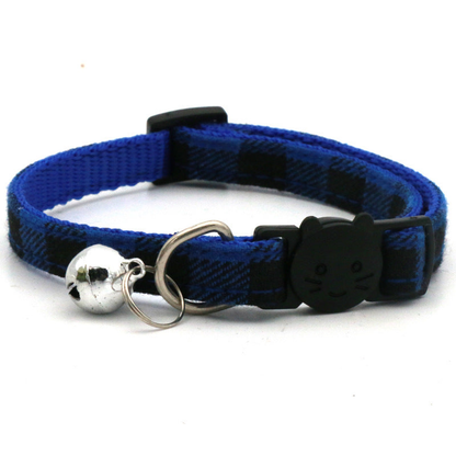 Blue plaid cat collar with bell and cat-face buckle