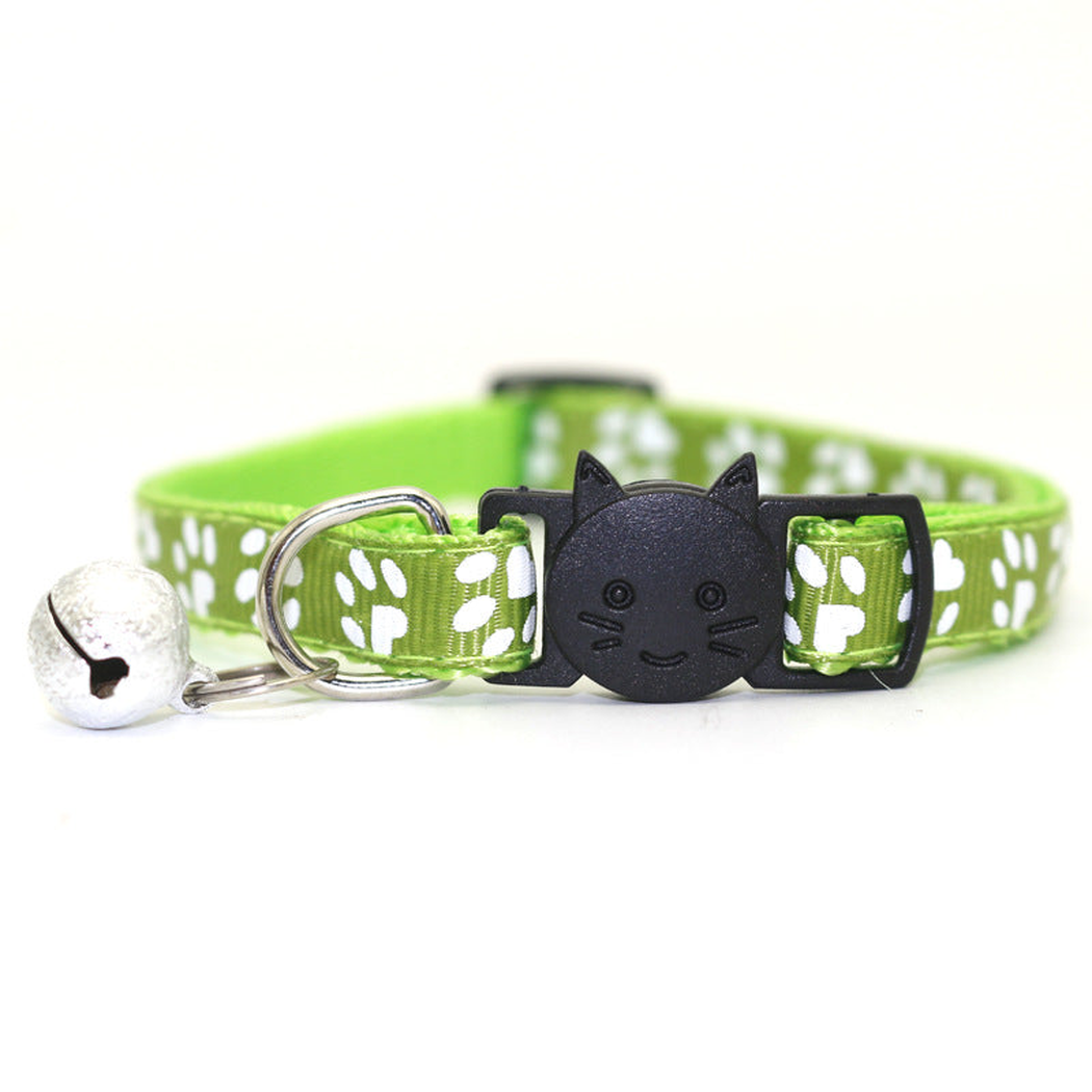 Light green paw-print cat collar with cat-face buckle and bell