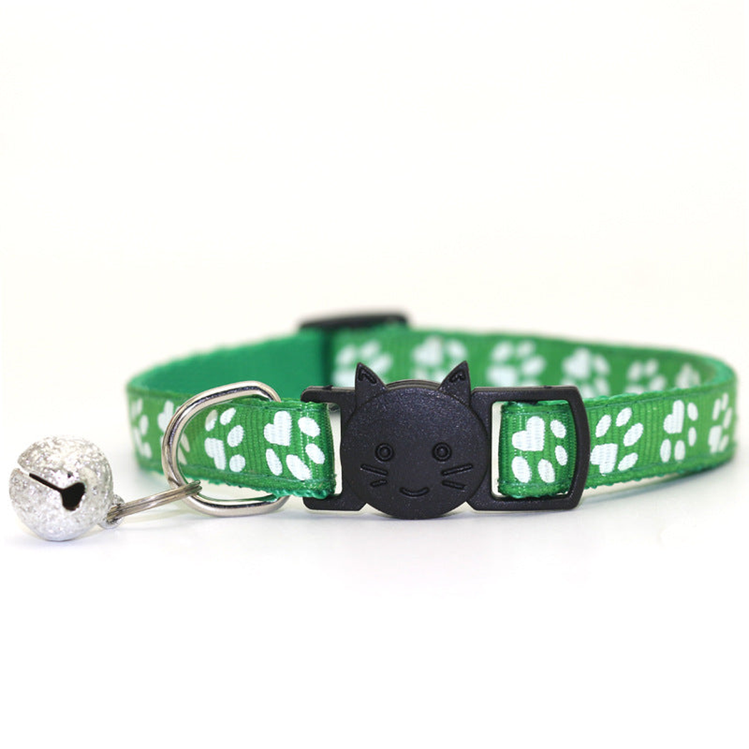 Dark green paw-print cat collar with cat-face buckle and bell