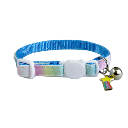 Blue gradient glitter cat collar with cat-face buckle, bell and rainbow charm