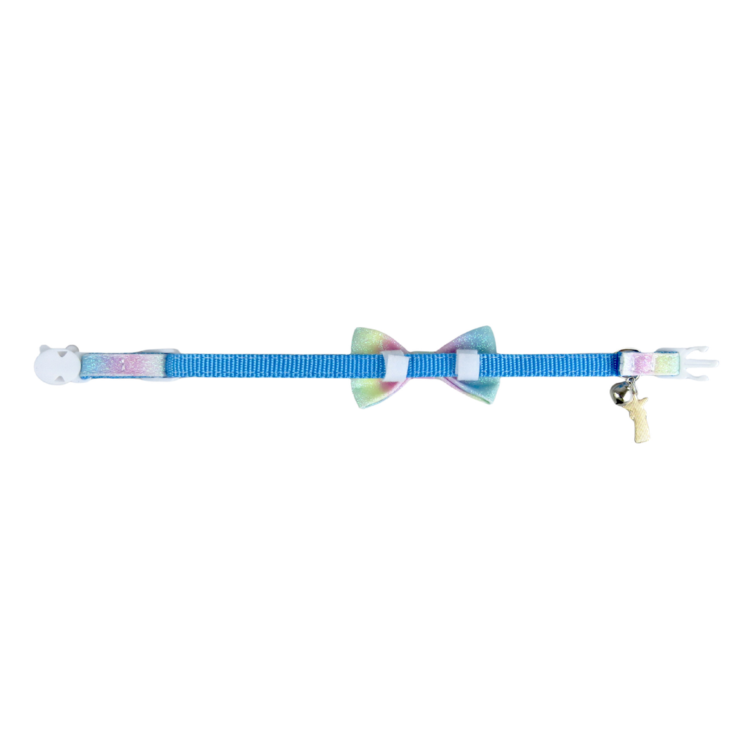 Blue gradient bow cat collar laid flat to show the full strap and buckle