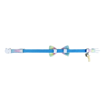 Blue gradient bow cat collar laid flat to show the full strap and buckle