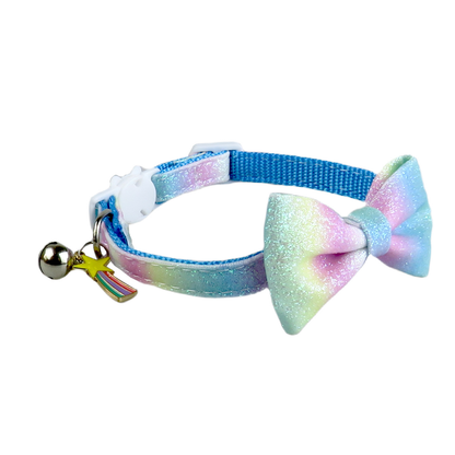 Blue gradient glitter bow cat collar viewed from the side