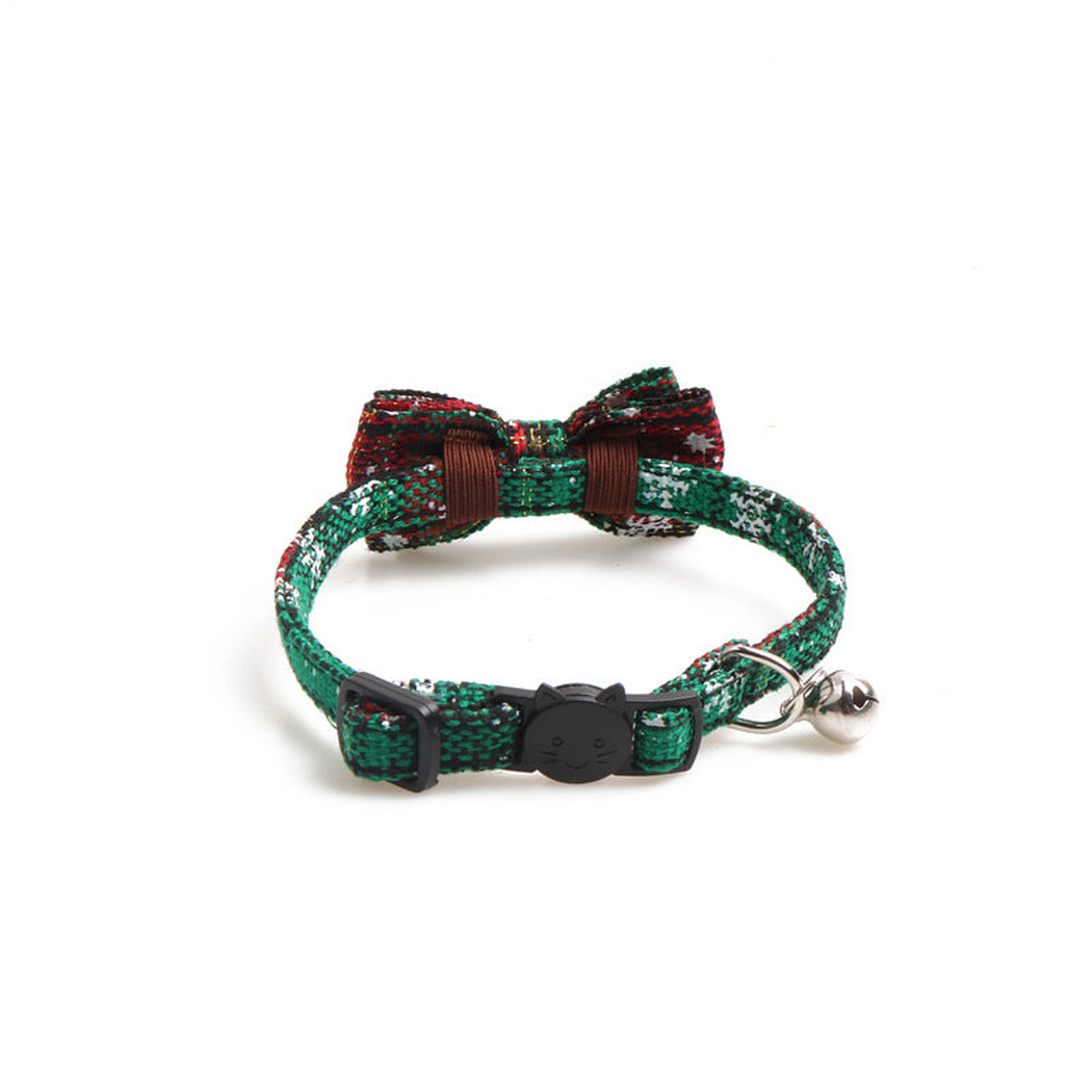 Green plaid bow cat collar, rear view with cat-face buckle and bell