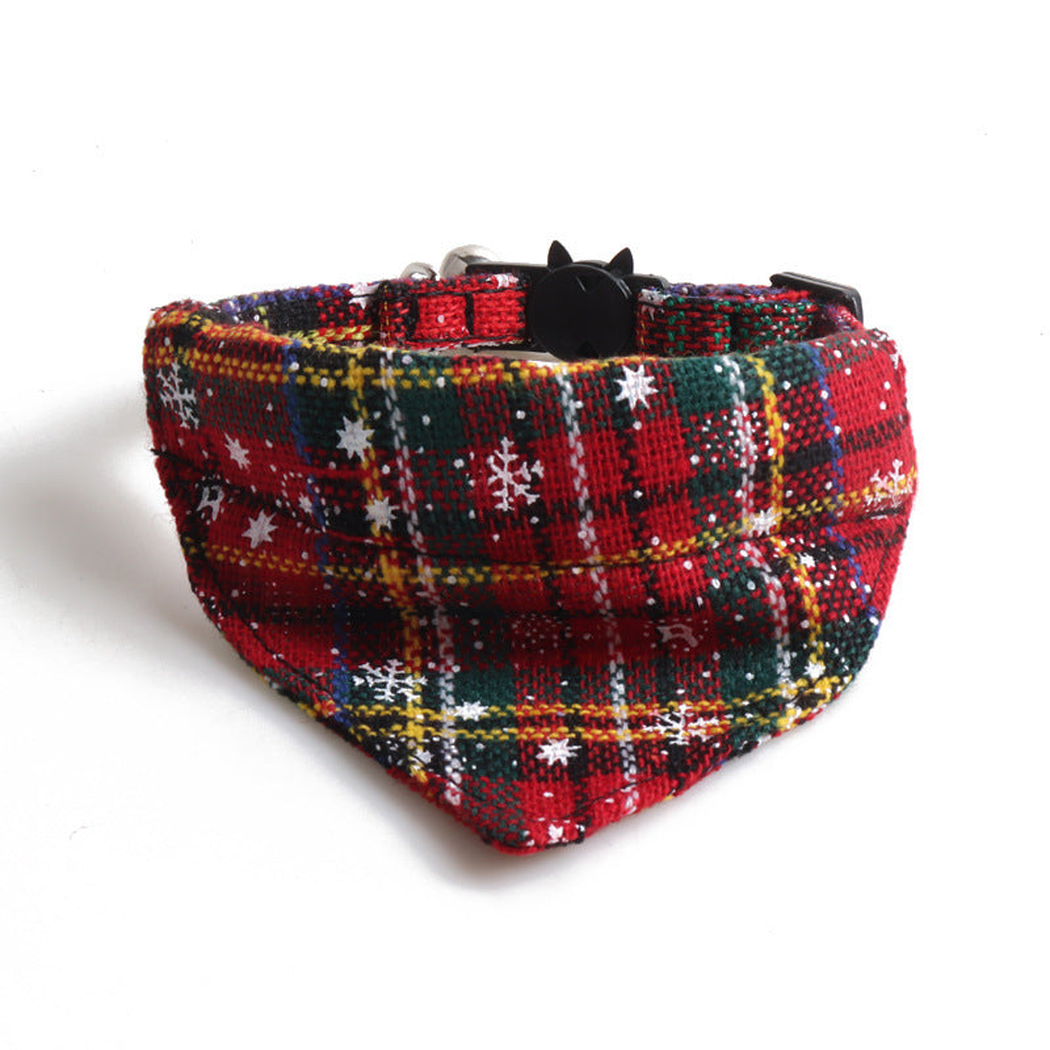Red plaid bandana cat collar with snowflake motifs, front view