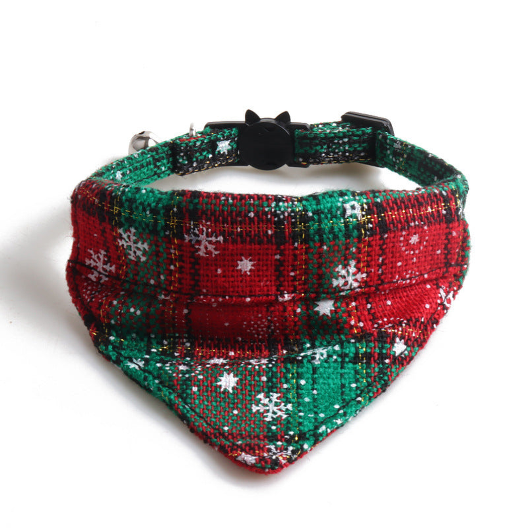 Green plaid bandana cat collar with snowflake motifs, front view