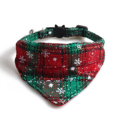Green plaid bandana cat collar with snowflake motifs, front view