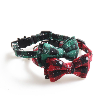 Red and green plaid bow cat collars with bells