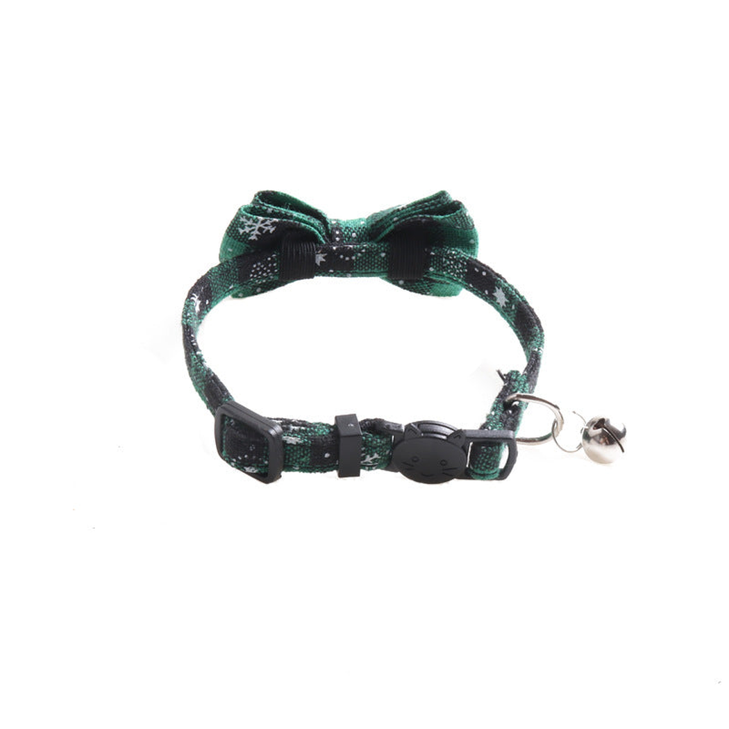 Back view of green plaid bow collar with buckle and bell