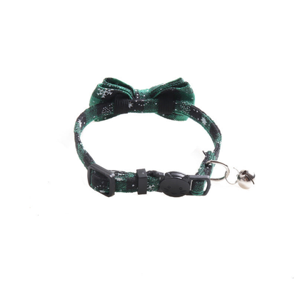 Back view of green plaid bow collar with buckle and bell