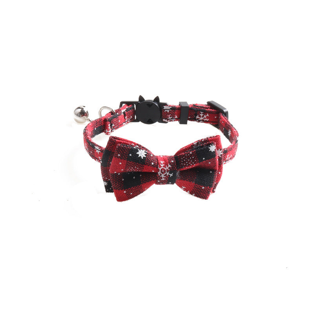 Red plaid snowflake cat collar with bow and bell