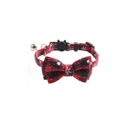 Red plaid snowflake cat collar with bow and bell