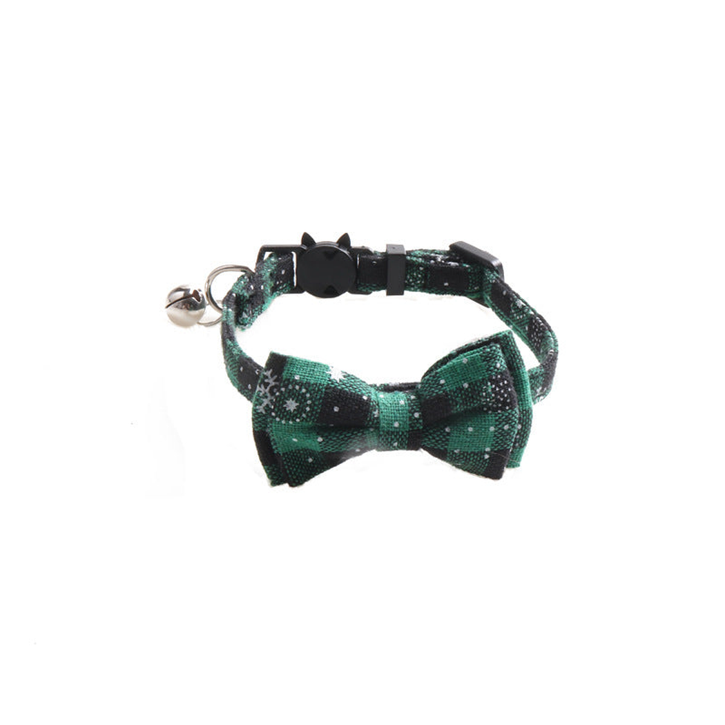 Green plaid snowflake cat collar with bow and bell