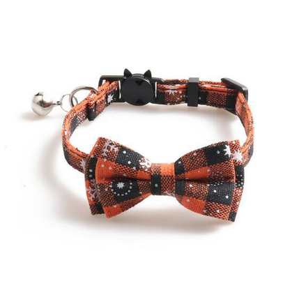 Orange plaid snowflake cat collar with bow and bell
