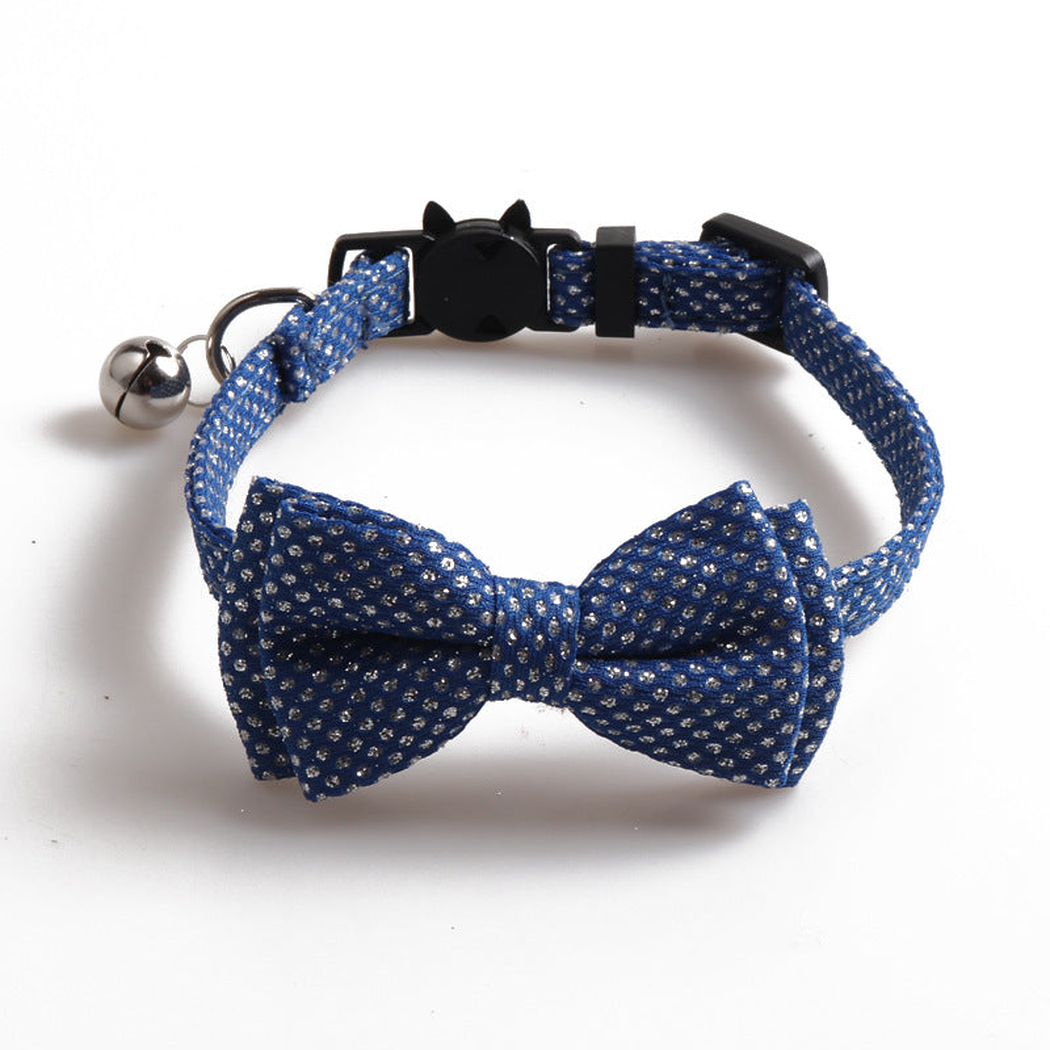 Blue silver-dot bow cat collar with bell and cat-face buckle