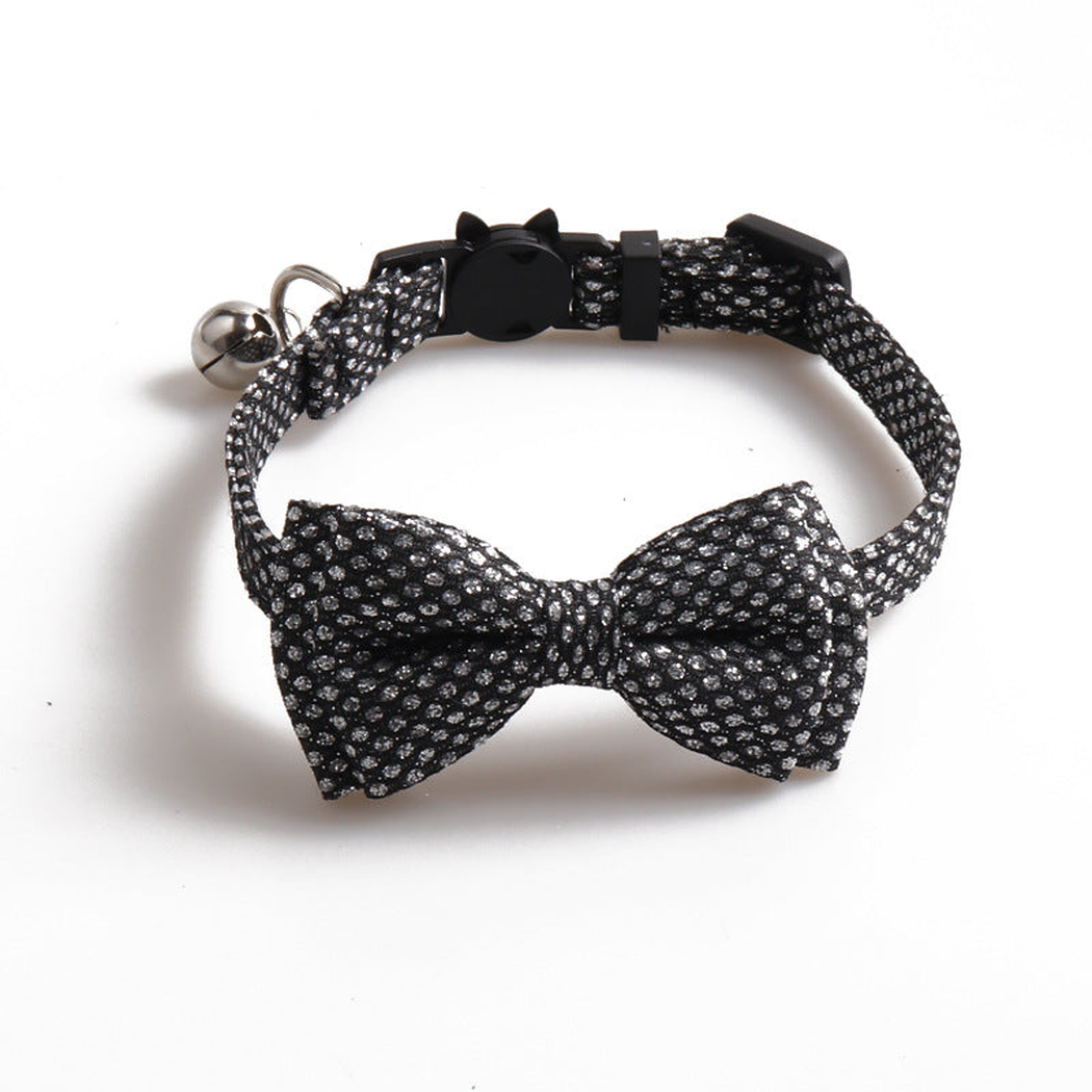 Black silver-dot bow cat collar with bell and cat-face buckle