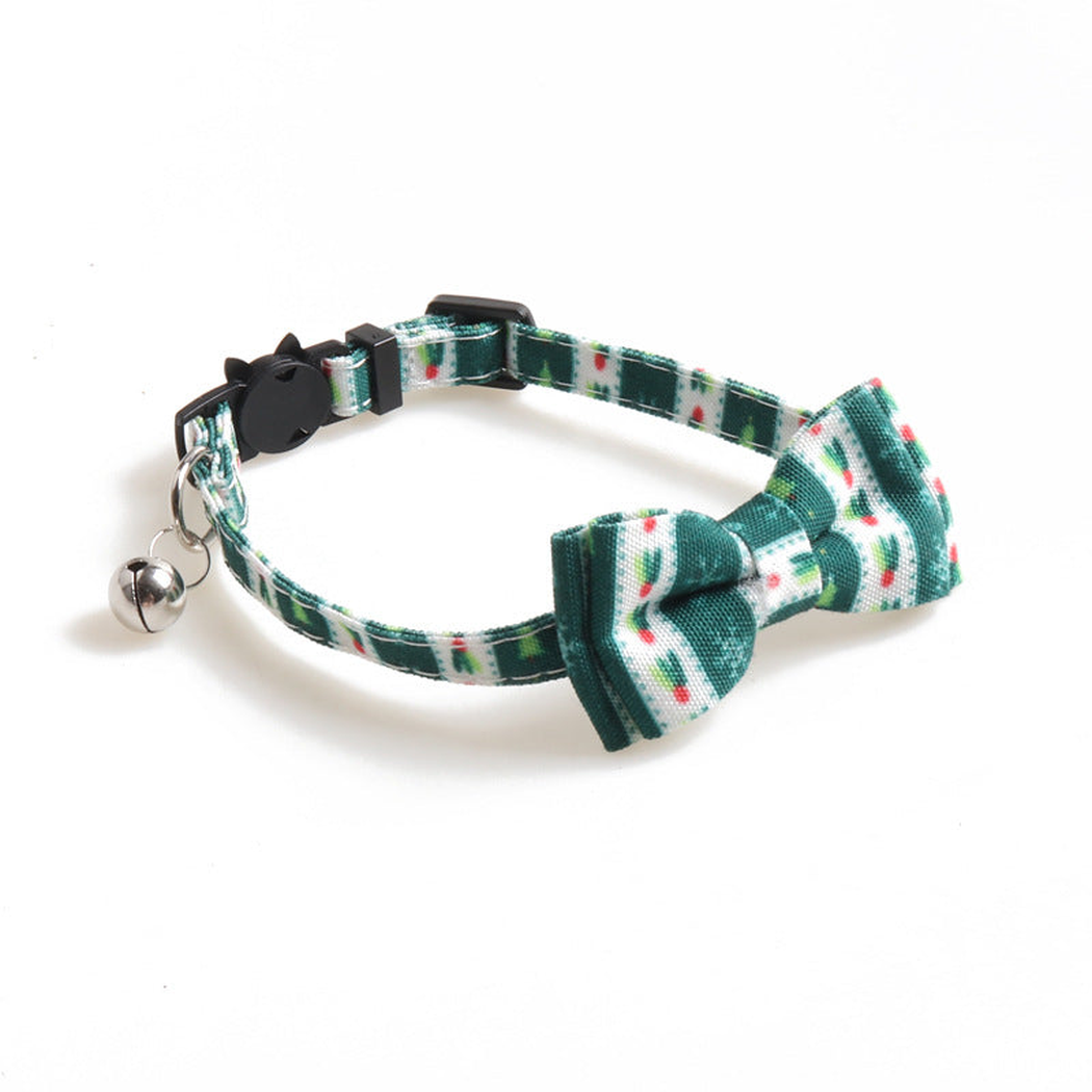 Dark green patterned cat collar with bow, bell and cat-face buckle