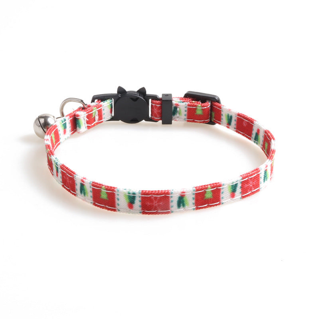Red patterned cat collar without bow, with bell and cat-face buckle