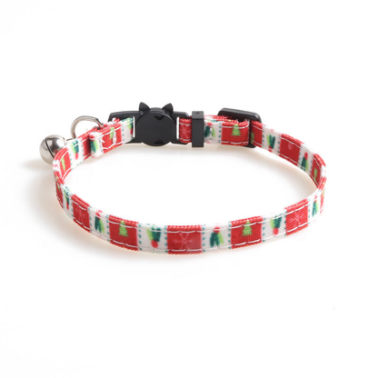 Red patterned cat collar without bow, with bell and cat-face buckle