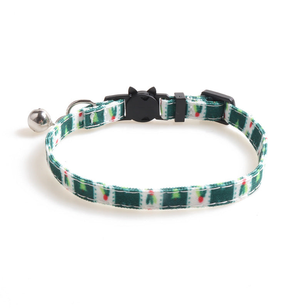 Dark green patterned cat collar without bow, with bell and cat-face buckle