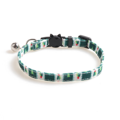 Dark green patterned cat collar without bow, with bell and cat-face buckle