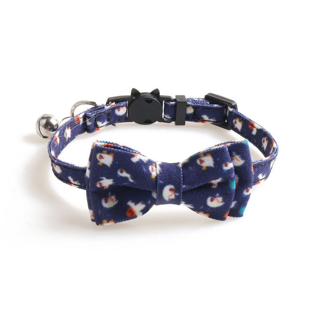 Navy ghost-print cat collar with bow, bell and cat-face buckle