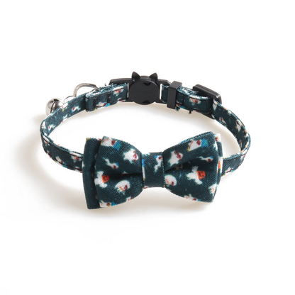 Dark green ghost-print cat collar with bow, bell and cat-face buckle