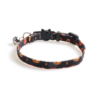 Black pumpkin-print cat collar without bow, with bell and cat-face buckle