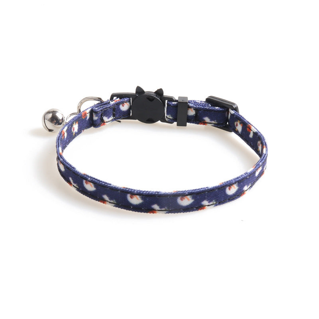 Navy ghost-print cat collar without bow, with bell and cat-face buckle