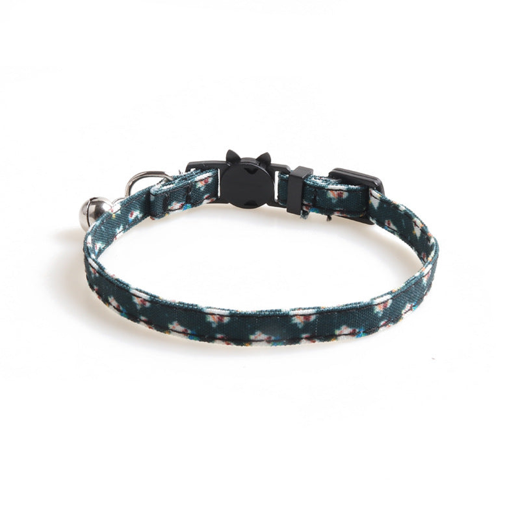 Dark green ghost-print cat collar without bow, with bell and cat-face buckle