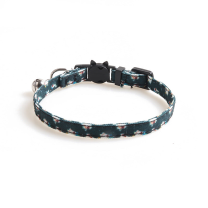 Dark green ghost-print cat collar without bow, with bell and cat-face buckle
