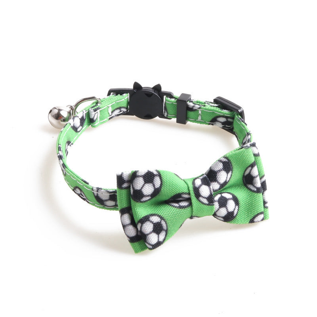 Green soccer ball print cat collar with bow and bell