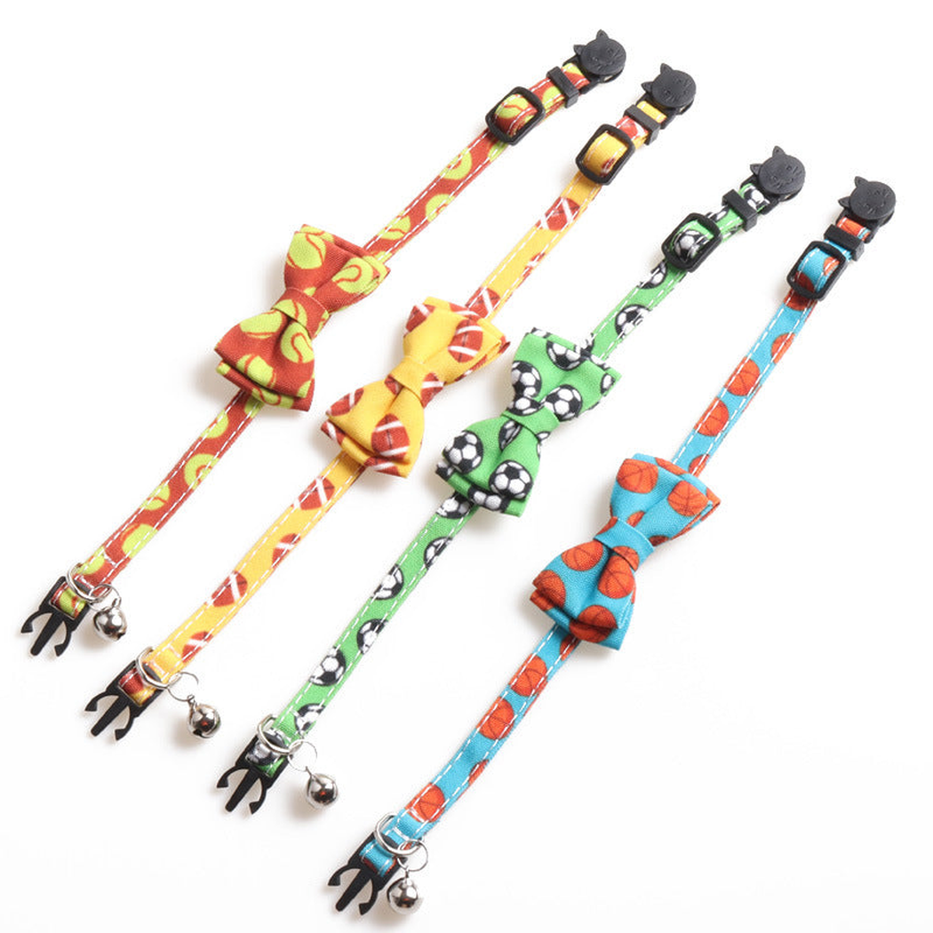 Four sports print bow cat collar styles displayed together
