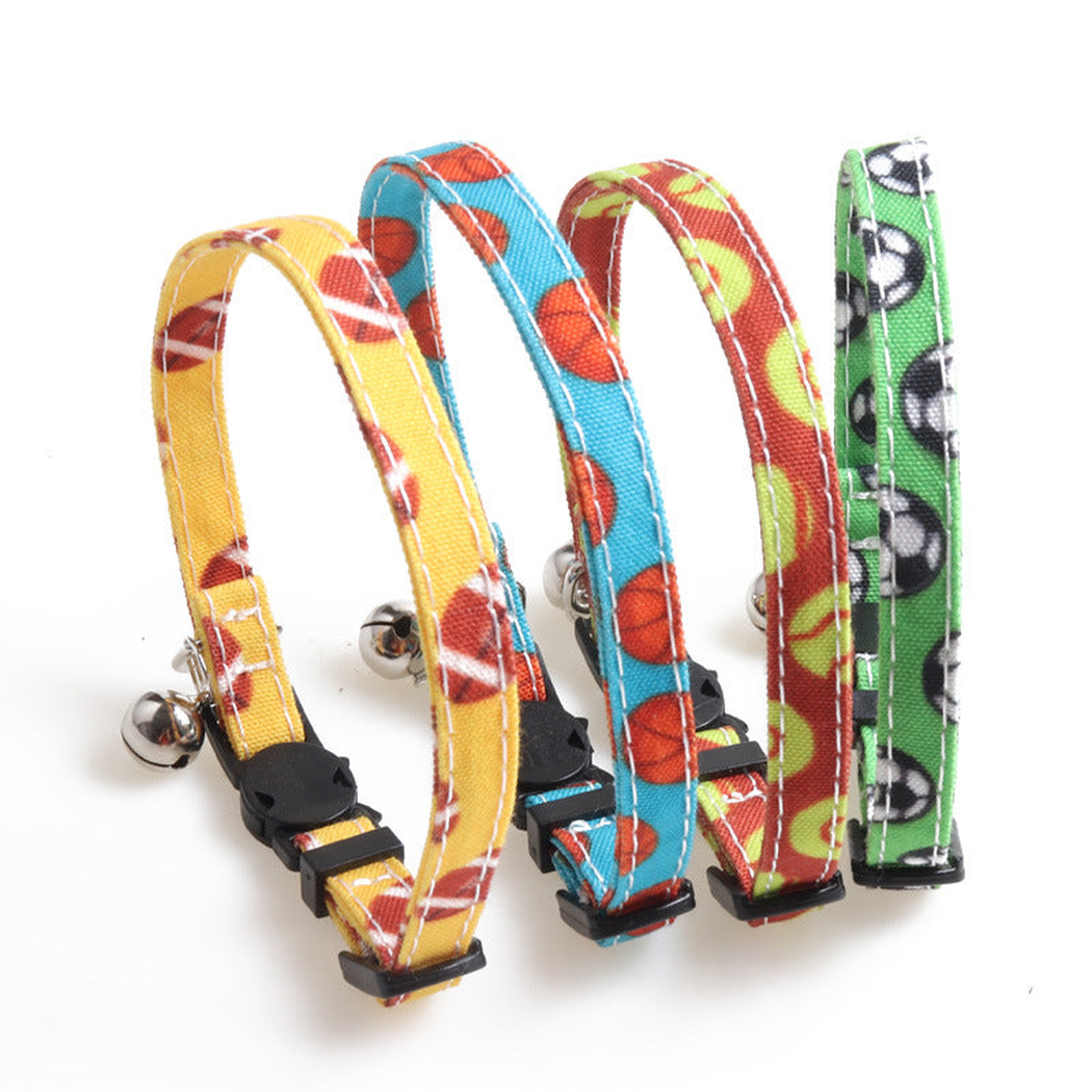 Four sports print cat collars without bows displayed together