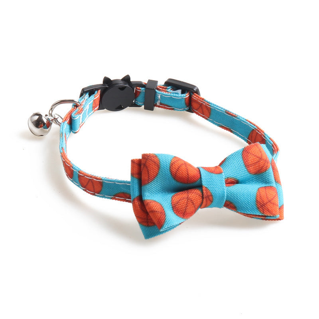Turquoise basketball print cat collar with bow and bell