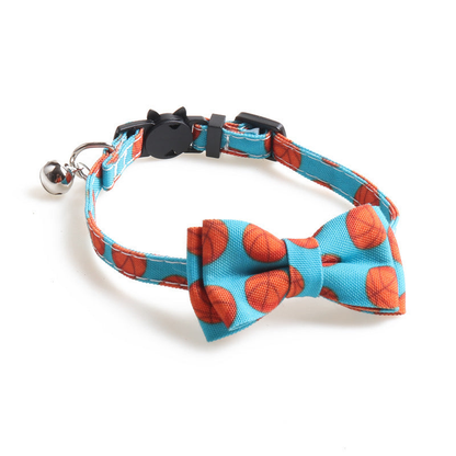 Turquoise basketball print cat collar with bow and bell